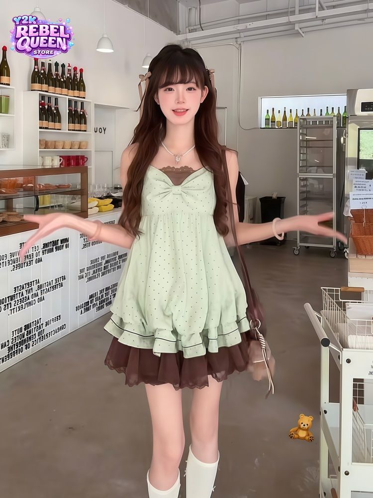 Elastic Lace Trim - Vestido Mini Coqueta Coreano con Estampado
